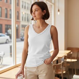 Lilly Pulitzer White V-Neck Pima Cotton Embellished Tank Small